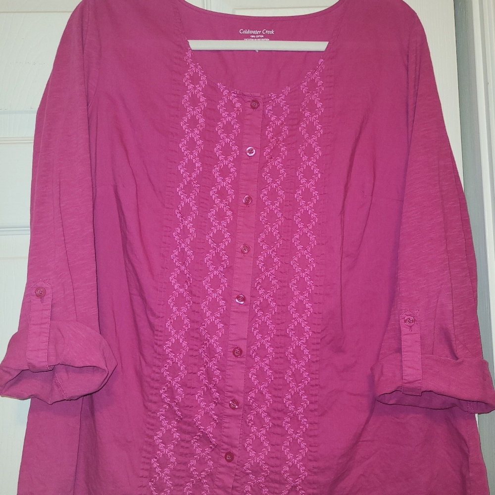 Coldwater Creek Fushia Pink Embroidered Button Down Shirt XL